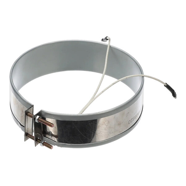 A metallic band heater element with attached wires, typically used for industrial heating applications.