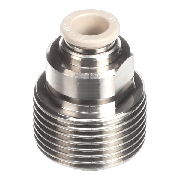 A metal screw-in connection fitting with threading and a white plastic insert.