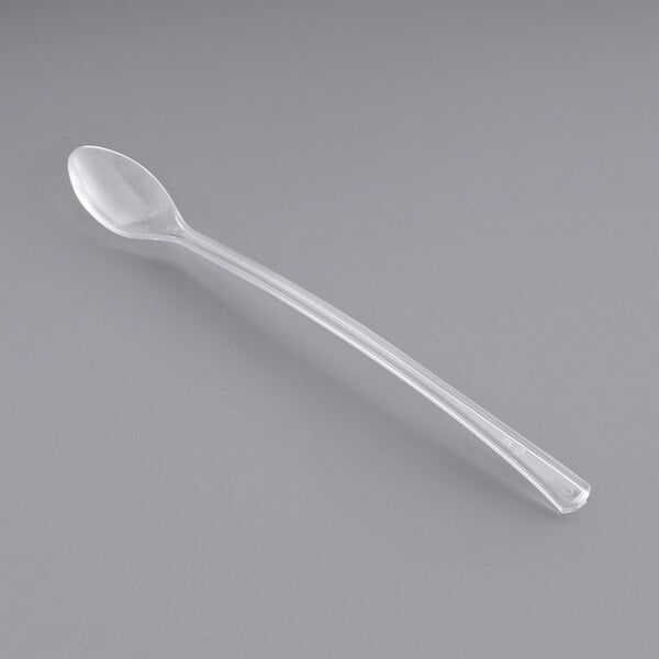 A clear plastic petite tasting spoon with a long handle.