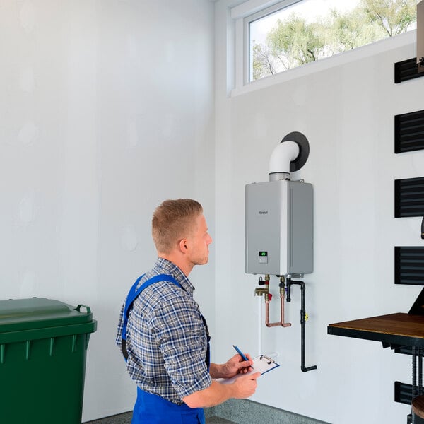 A wall-mounted Rinnai RE160iN natural gas indoor tankless water heater with visible piping and a technician inspecting it.
