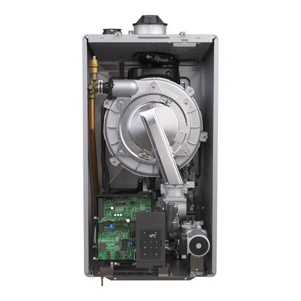 A wall-mounted indoor combi boiler with an integrated pump, designed for natural gas use.