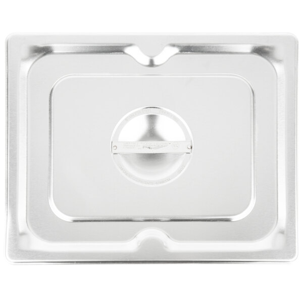 A stainless steel Vollrath steam table pan cover with a hole in it.