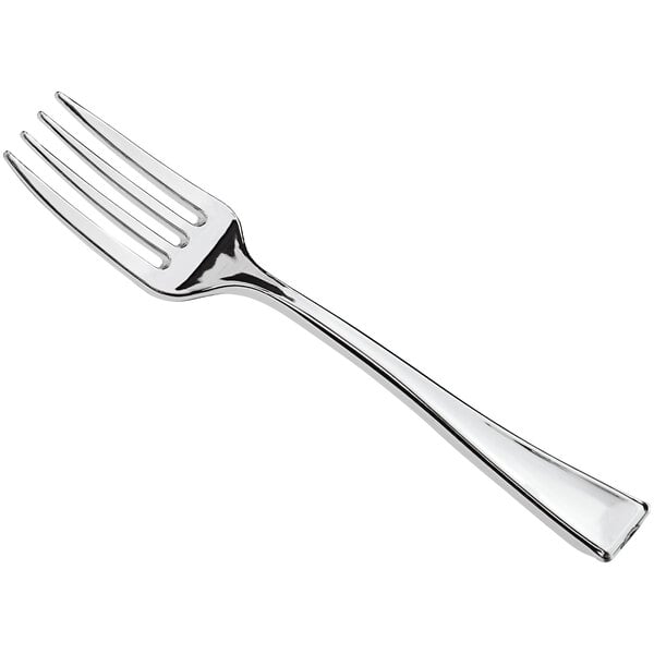 A small silver plastic tasting fork with four tines.