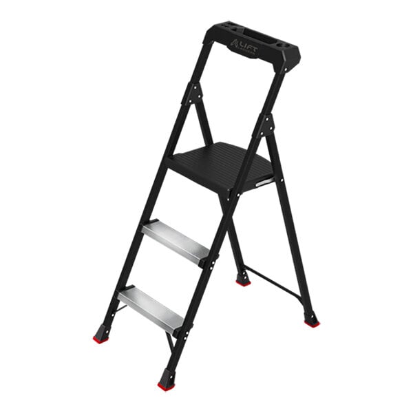A three-step folding project step stool with a black frame and wide steps.