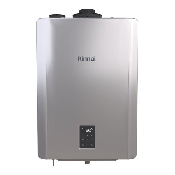 A wall-mounted Rinnai I-Series Plus natural gas indoor combi boiler with an integrated pump and digital display.