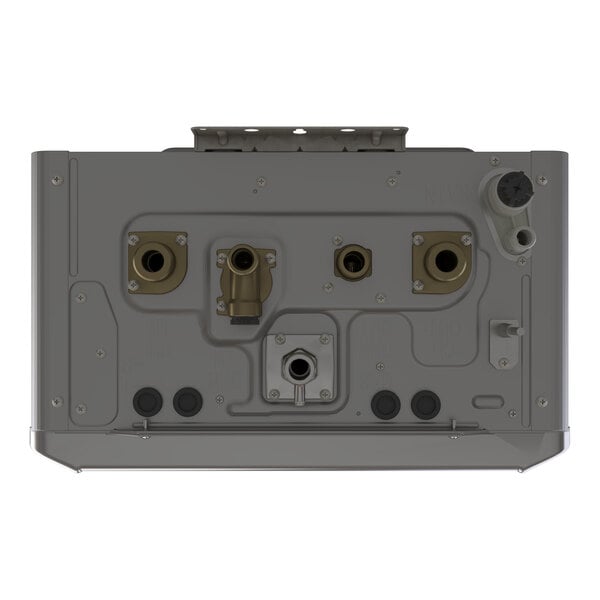 A wall-mount indoor natural gas boiler with multiple connection ports and a metallic finish.