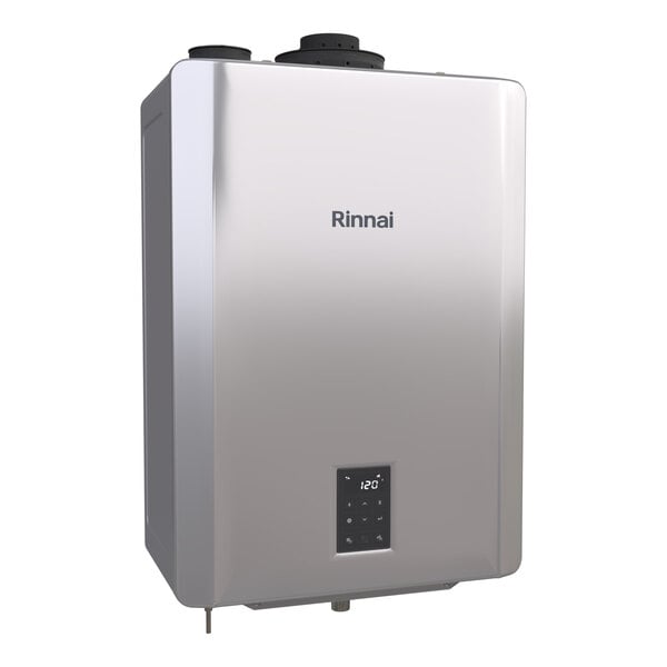 A Rinnai I-SERIES Plus natural gas wall-mount indoor heat-only boiler with a digital display.
