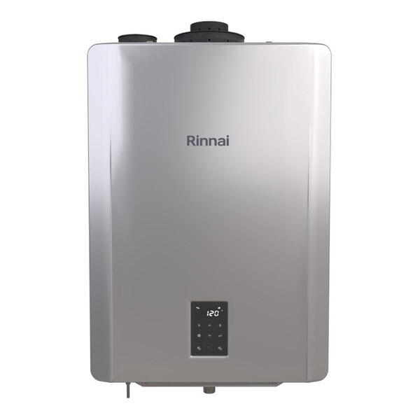 A wall-mounted Rinnai natural gas indoor heat-only boiler with a digital display.