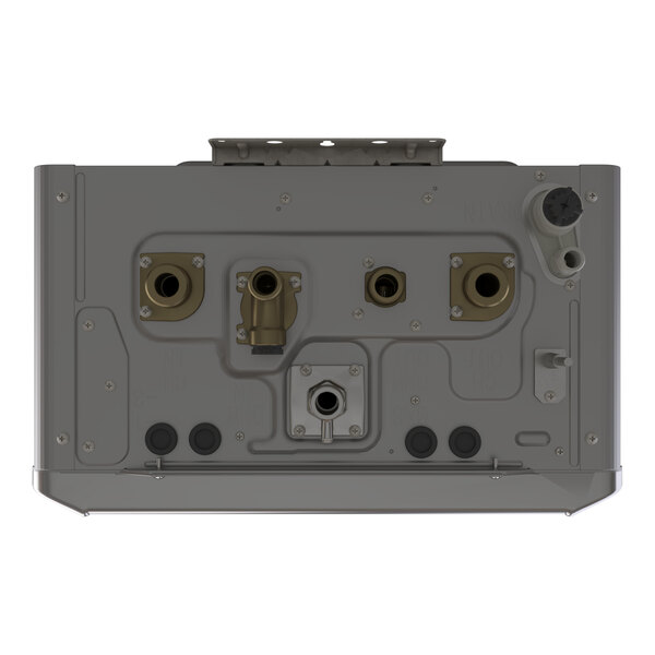 A wall-mount indoor natural gas heat-only boiler with multiple connection ports and a metallic finish.