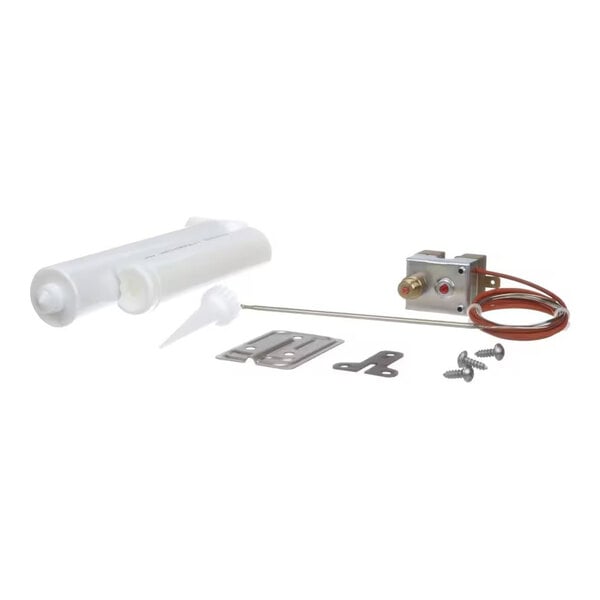 A safety thermostat kit with a probe, mounting hardware, wiring, and two white plastic tubes.