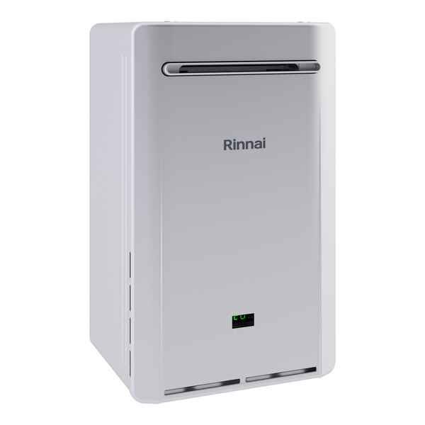 A wall-mounted outdoor tankless water heater with recirculation pump by Rinnai.