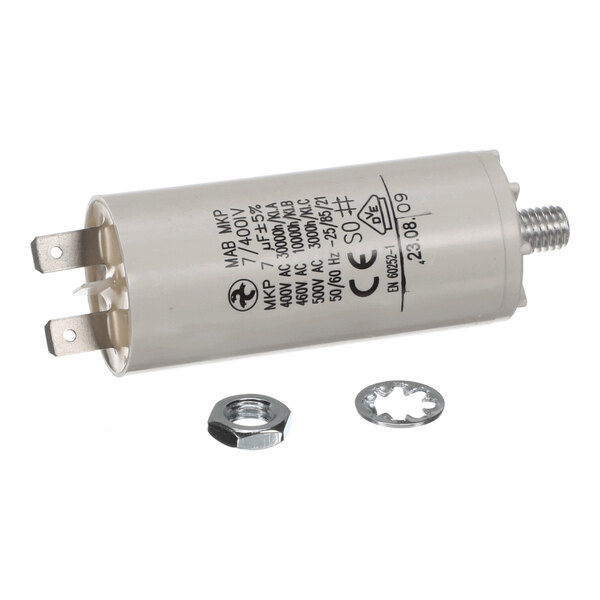 A cylindrical electrical condenser with two metal terminals and mounting hardware, designed for use with a water pump.