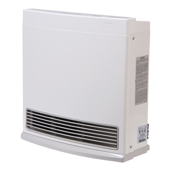 A white Rinnai liquid propane vent-free fan convection heater with a front air vent and side control panel.
