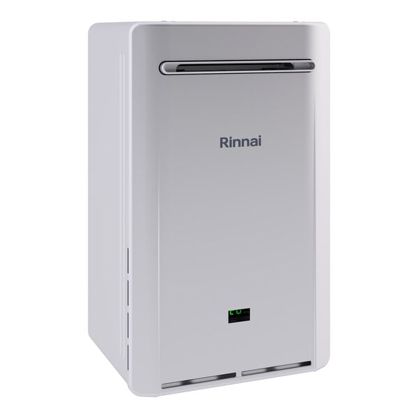 A wall-mounted outdoor tankless water heater with recirculation pump by Rinnai.