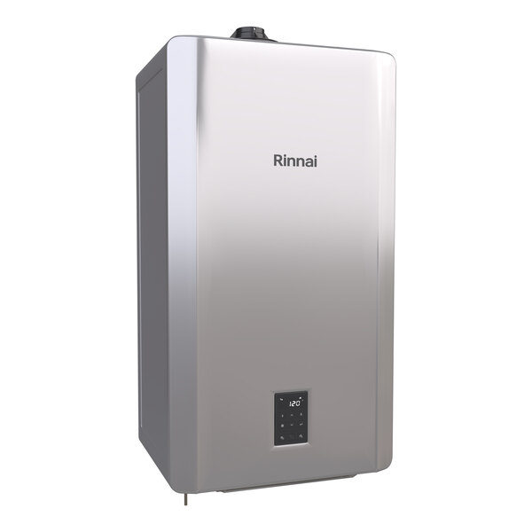 A wall-mounted Rinnai natural gas indoor heat-only boiler with a digital display.