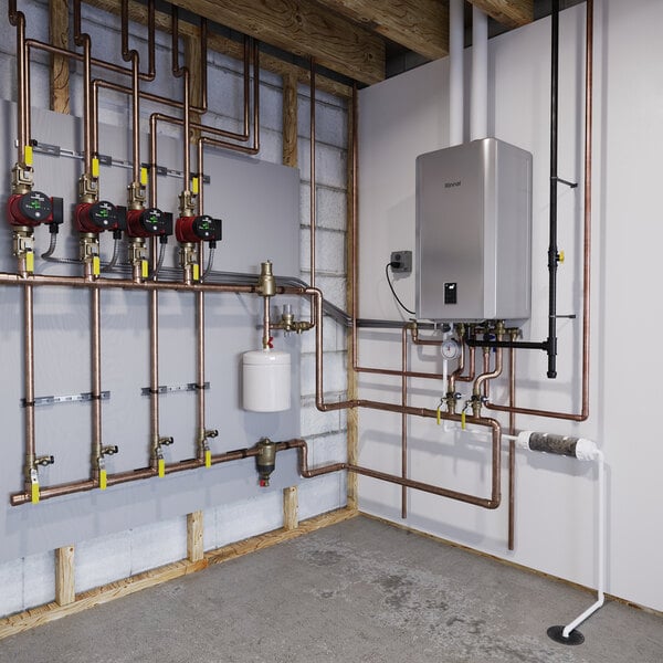 A wall-mounted Rinnai IP175S I-SERIES Plus natural gas indoor heat-only boiler with copper piping and control valves.