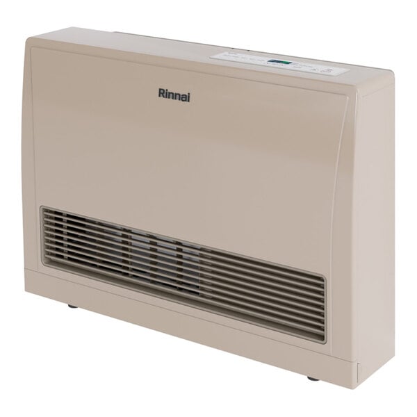 A beige Rinnai EnergySaver direct-vent wall furnace designed for liquid propane use.