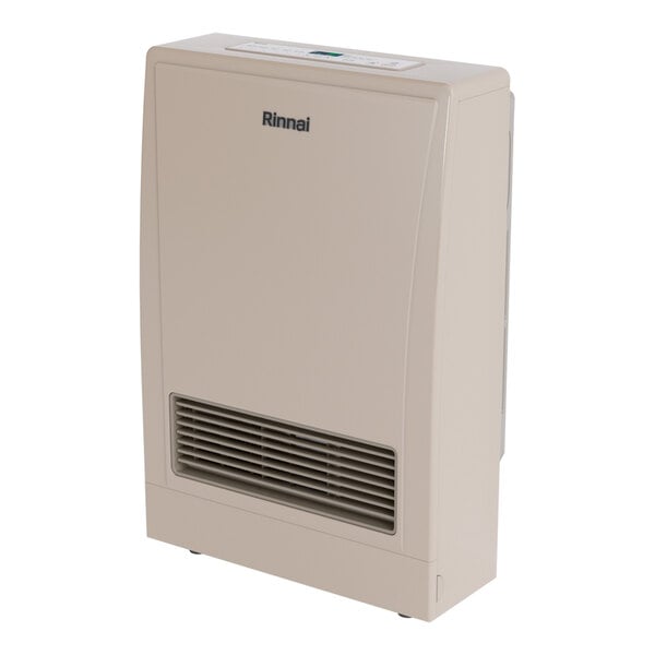 A beige Rinnai EnergySaver direct-vent wall furnace designed for liquid propane use.