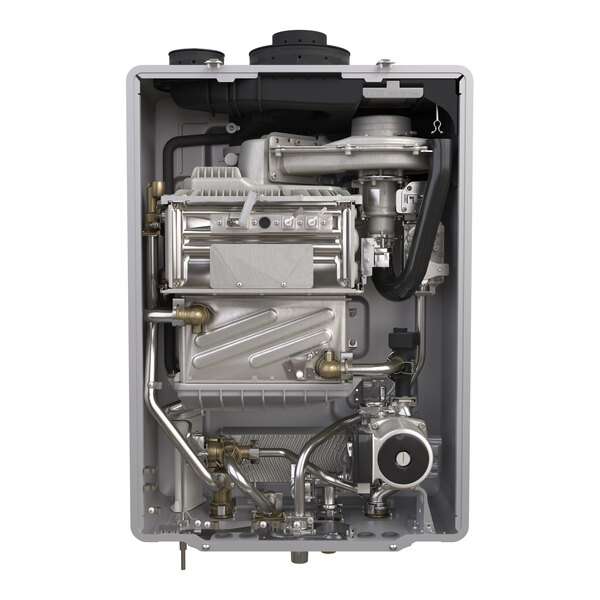 A wall-mounted indoor combi boiler with an integrated pump designed for natural gas use.