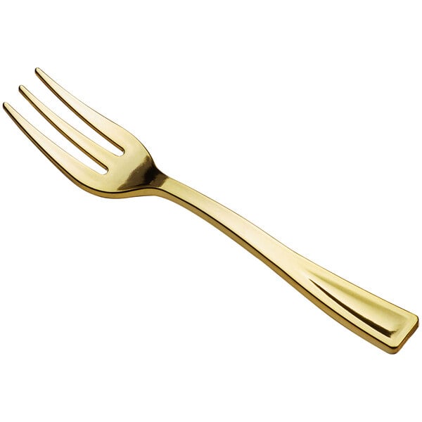 A small gold plastic tasting fork with three tines.