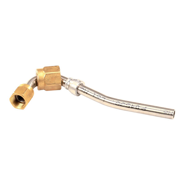 A metal supply pipe with brass fittings designed for use with a Schaerer boiler system.