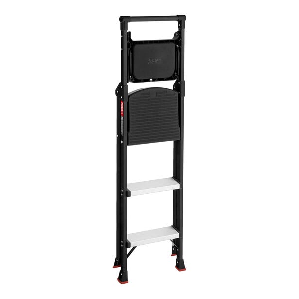 A black and silver 3-step folding project step stool with a tray.