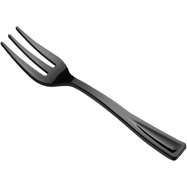 A small black plastic tasting fork with three tines.