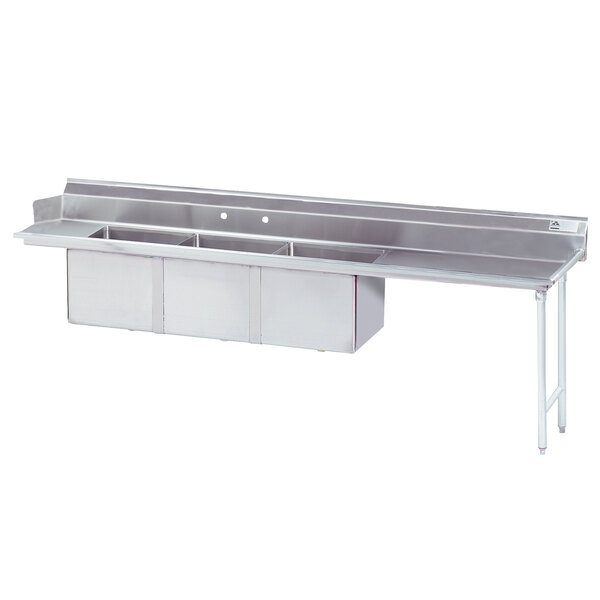 A stainless steel Advance Tabco dishtable with a 3 compartment sink and right drainboard.