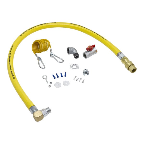 T&S HG-4C-36SEL Safe-T-Link 36" Coated Gas Connector Hose Kit with Single Swivel Link Fitting, 90-Degree Street Elbow, Quick Disconnect, Restraining Cable, and Ball Valve - 1/2" NPT