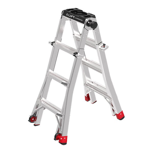 A silver aluminum 3-step multi-position step ladder with red accents and wheels at the base.