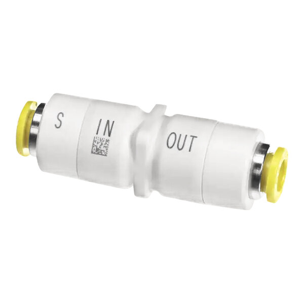 A white plastic inline valve with yellow end caps labeled 'S IN' and 'OUT'.