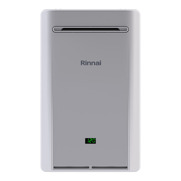 A wall-mounted Rinnai RE180eP liquid propane outdoor tankless water heater with a digital display.