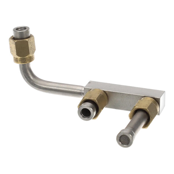 A metal distributor component with two brass fittings and a mesh-tipped tube, used in Schaerer coffee machines.