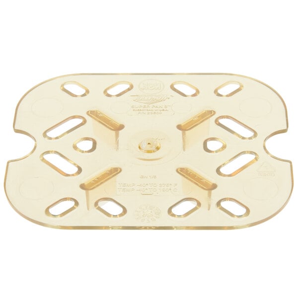 A gold plastic tray with holes in it.