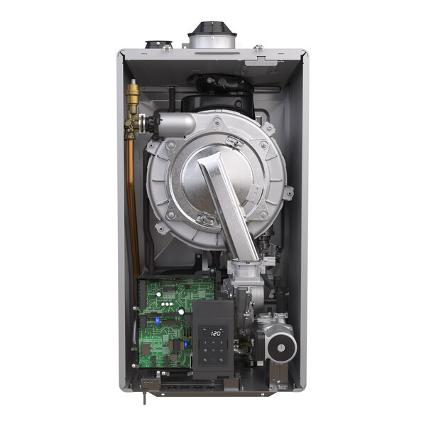 A wall-mounted indoor natural gas heat-only boiler with visible internal components and circuit board.