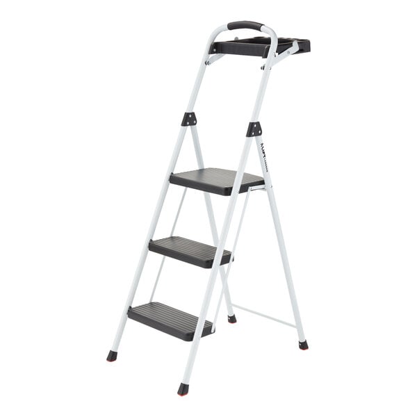A three-step steel folding step stool with a tray at the top.