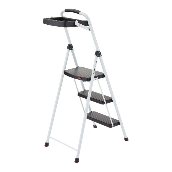 A three-step steel folding step stool with a project tray at the top.