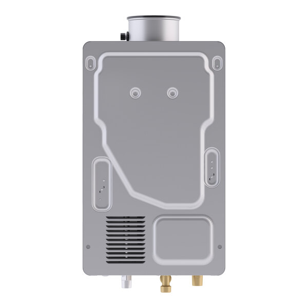 A wall-mounted indoor tankless water heater with a recirculation pump designed for liquid propane use.