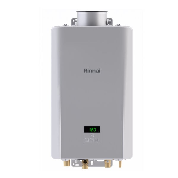 A wall-mounted Rinnai natural gas indoor tankless water heater with a recirculation pump and digital display.