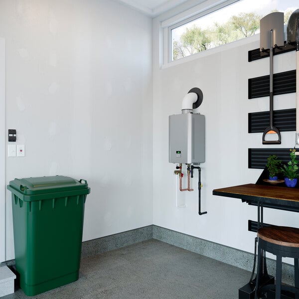 A wall-mounted Rinnai REP199iN natural gas indoor tankless water heater with a recirculation pump.