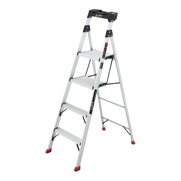 A four-step aluminum folding hybrid step ladder with a black top tray.