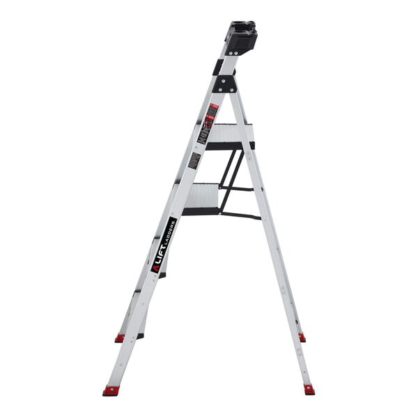 A silver aluminum 4-step folding hybrid step ladder with a black top and red accents.