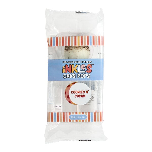 A packaged cookies and cream flavored cake pop from iNKLeS.
