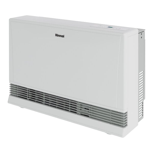 A white Rinnai EnergySaver direct-vent wall furnace designed for liquid propane use.