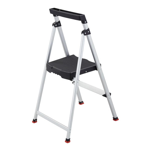 A two-step aluminum folding step stool with a black platform and handle.