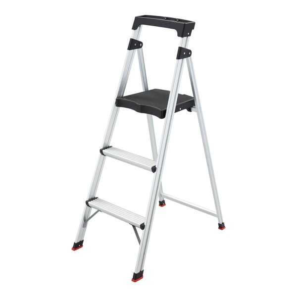 A three-step aluminum folding step stool with a black top platform and anti-slip feet.