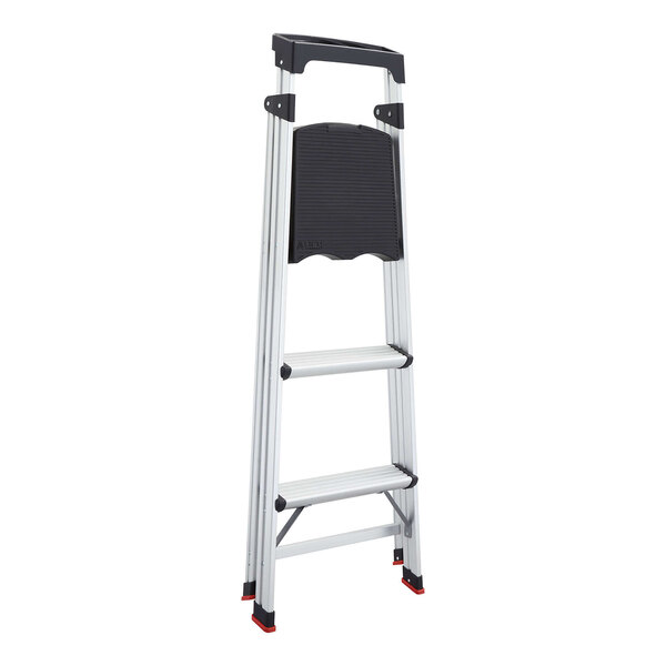 A three-step aluminum folding step stool with a handle and non-slip steps.