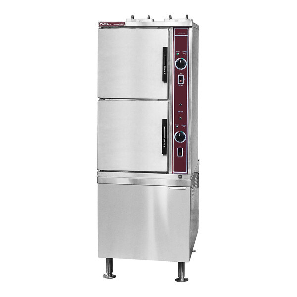 A commercial stainless steel floor steamer with two doors and a control panel, designed for high-efficiency convection steaming using liquid propane.