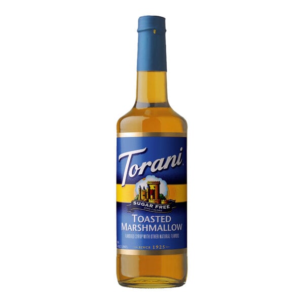 A 750 mL glass bottle of Torani Sugar-Free Toasted Marshmallow flavoring syrup.