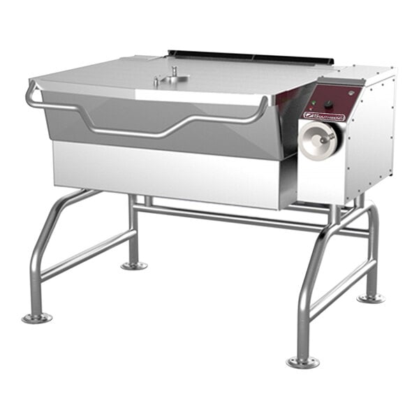 A large stainless steel 40-gallon liquid propane tilting braising pan with a sturdy frame and control panel.